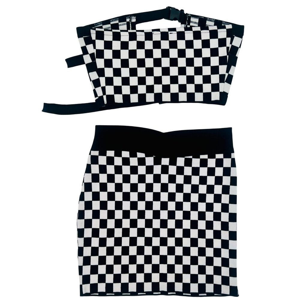 Checkered Black White Buckle Front Crop Top & Mini Skirt 2 Piece Set | Rave EDM - Picture 8 of 16